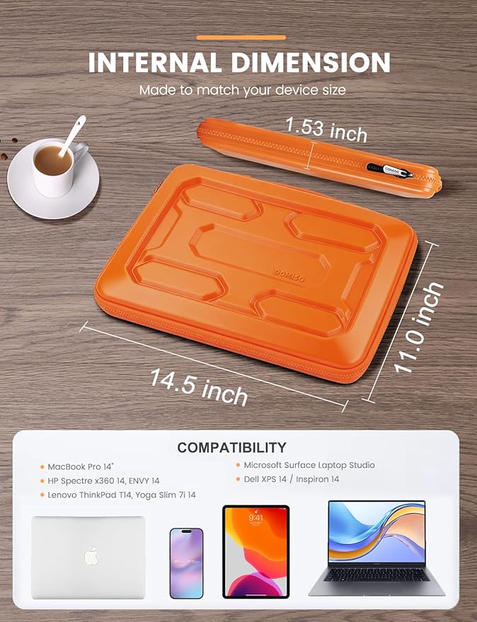 DOMISO 14 inch Laptop Sleeve with Handle Shockproof Computer Bag Waterproof EVA Protective Carrying Case for 14" ThinkPad E480/Yoga 920/13.5" Microsoft Surface Book/HP Pavilion 14 Stream 14, Orange