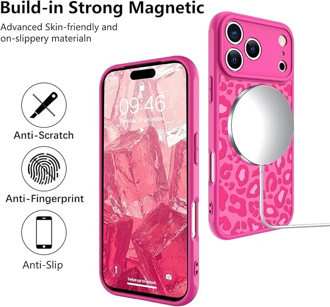 KANGHAR Case Compatible with iPhone 17 Pro Max Hot Pink Leopard Printed Pattern [Compatible with Magsafe] Cute Cheetah Protective Magnetic Case for Girls Women 6.9"