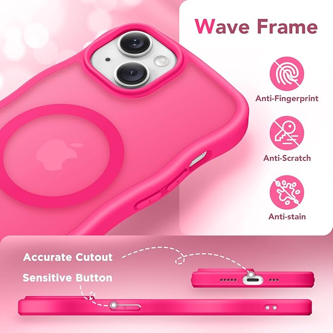 CAPRARO Cute for iPhone 13 Case & iPhone 14 Case, Compatible with MagSafe, [Curly Wave Edge] [Camera Protection] [14 FT Drop Protection] Magnetic for iPhone 13/14 6.1 Inch, Hot Pink