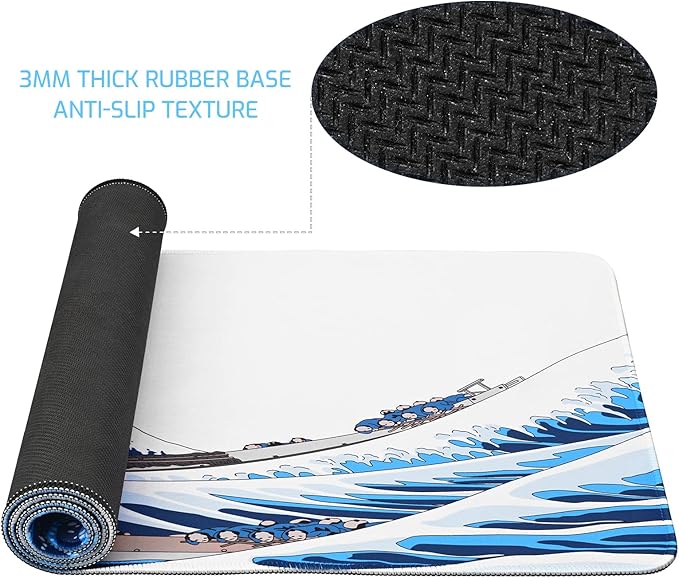 31.4"x11.8"Extended Large Gaming Mouse Pad,XL Large Non-Slip Rubber Base Mousepad with Stitched Edges,Waterproof Keyboard Mouse Mat Desk Pad,Japanese Sea Wave, White and Blue Tones