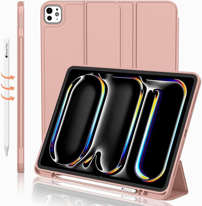 iMieet iPad Pro 13 Inch Case (M5/M4) 2025/2024 with Pencil Holder, Trifold Stand Smart Case with Soft TPU Back, Auto Wake/Sleep (Rose Gold)