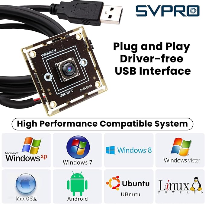 Svpro 12MP Auto Focus USB Camera Module 4K 30fps Webcam Board for Computer UVC USB2.0 1080P 60fps PC Camera 300ms PDAF Fast Auto Focus Camera IMX362 Machine Vision Industrial Camera for Laptop