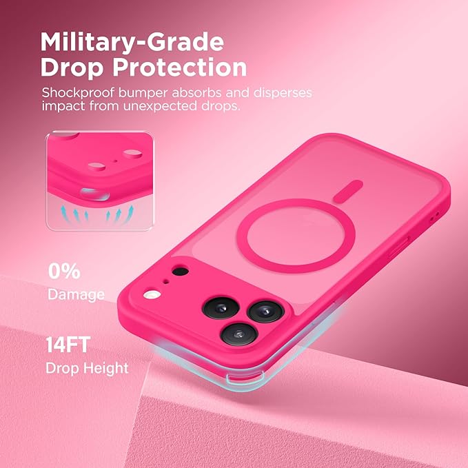 CAPRARO Magnetic for iPhone 17 Pro Case, Upgraded [Full Camera Protection] [Compatible with MagSafe] Protective Translucent Matte Women Girl Phone Case Cover, Hot Pink