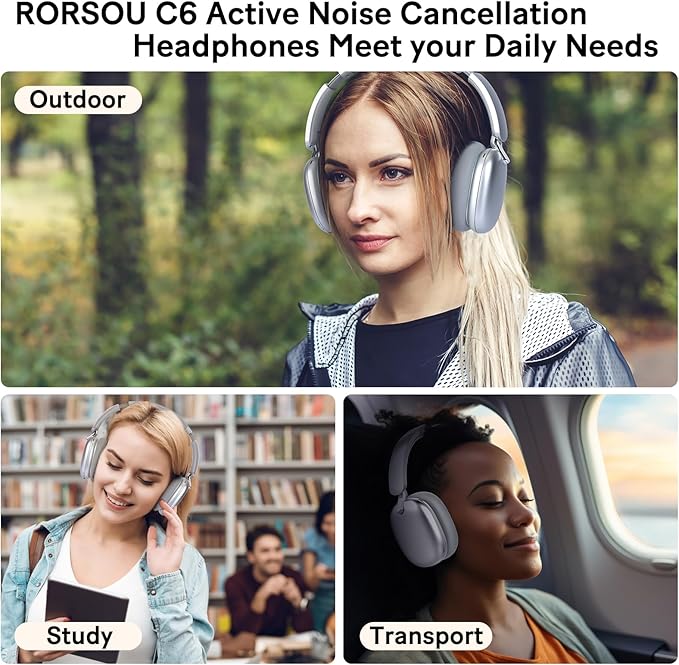 C6 Active Noise Cancelling Headphones, Wireless Over Ear Bluetooth Headphones, 60H Playtime, Lightweight Folding Deep Bass Comfort Fit Ear Cups Headset with Mic for iPad/Travel/PC/Home Silver