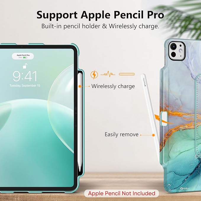 Fintie Rotating Case for iPad Pro 13-inch (M5) 2025 / (M4) 2024 with Pencil Holder - 360 Degree Swiveling Protective Stand Cover with Auto Wake/Sleep, Emerald Marble
