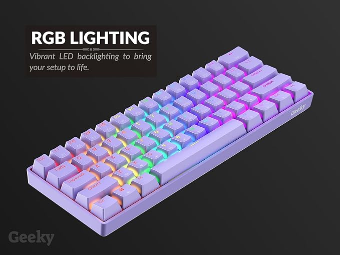 Geeky GK61 SE 60% | Mechanical Gaming Keyboard | 61 Keys Multi Color RGB LED Backlit for PC/Mac Gamer | ANSI US American Layout (Lavender, Mechanical Black)