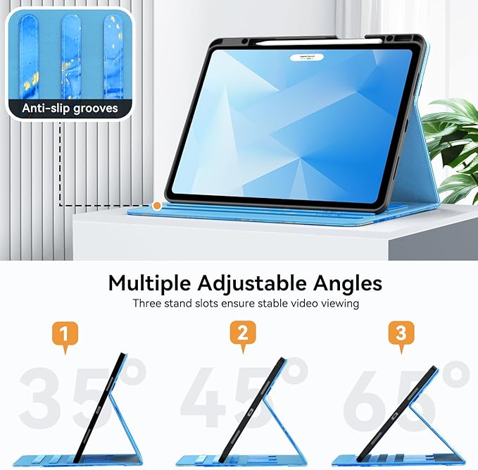 Zonefoker Case for New iPad Pro 12.9 inch 6th/5th/4th/3rd Generation 2022/2021/2020/2018, 12.9'' ipad Pro Leather Folio Protective Cover 6/5/4/3 Gen with Pencil Holder, Auto Wake/Sleep, Marble Blue