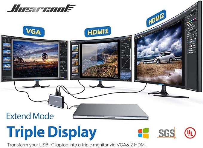 Hiearcool USB-C Docking Station for Laptop, Triple Display Dock with 4K HDMI & 1080p VGA, 11-in-1 USB-C Dock with Ethernet, 100W Charging for Home Office