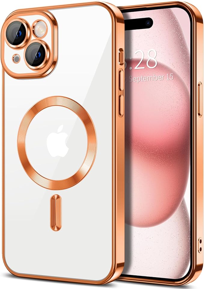 Hython Magnetic Clear for iPhone 15 Case with Camera Lens Protector [Compatible with MagSafe] Luxury Plating Edge Slim Soft TPU Cover Protective Phone Case for iPhone 15 6.1", Orange