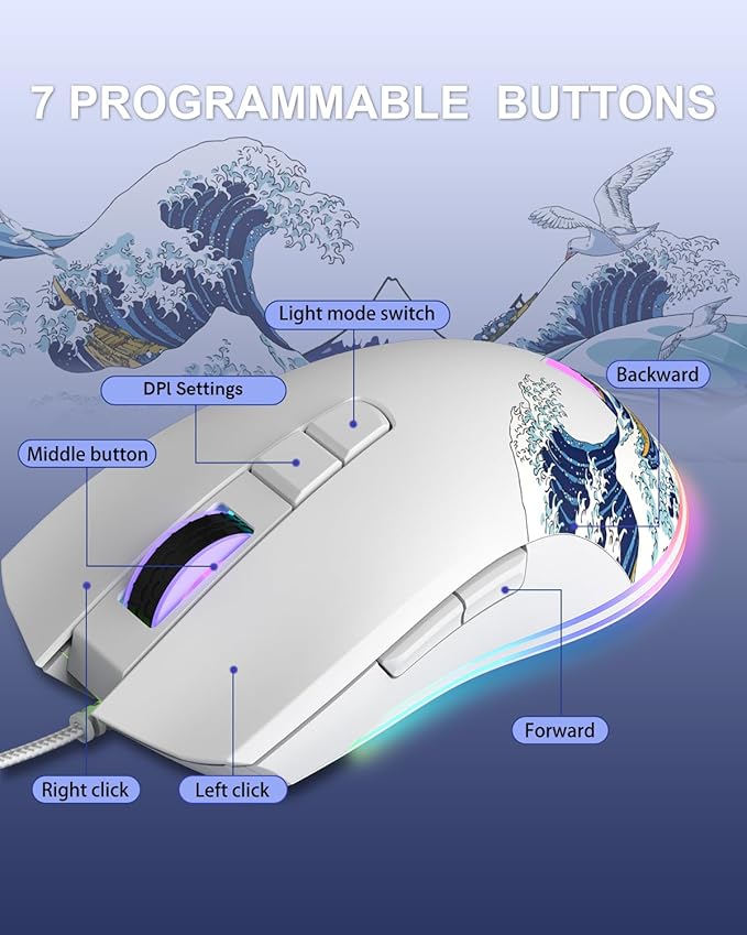 COSTOM Womier G705 USB Wired Gaming Mouse for PC Computer Windows Mac Laptop, Lightweight Silent RGB Backlit Mouse with Adjustable 12000DPI/7 Programmable Side Buttons,White Kanagawa Theme
