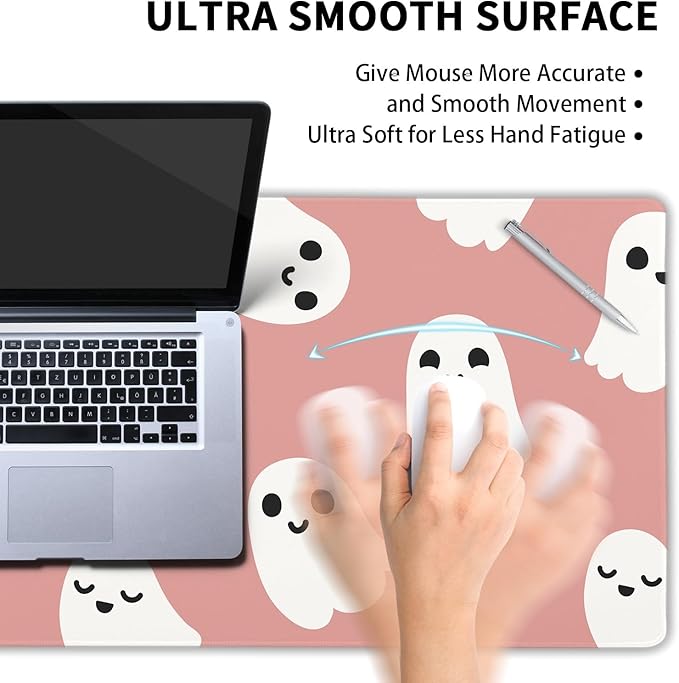 Halloween Cute Ghost Mouse Pad Kawaii Cartoon Spooky Funny Spirit Extended Desk Mat Non-Slip Rubber Base Stitched Edge Large XXL Pink White Mousepad for Gaming Laptop Computer Desktop 35.4×15.7 in