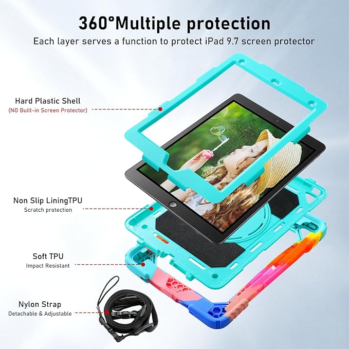 for iPad 6th Generation/iPad 5th Gen/iPad Air 2/iPad Pro 9.7" Case with Cute Key Chain, Rugged Protective Case with Rotating Stand & Shoulder Hand Strap for iPad 6th/5th/ Air 2 (Rainbow Aqua)
