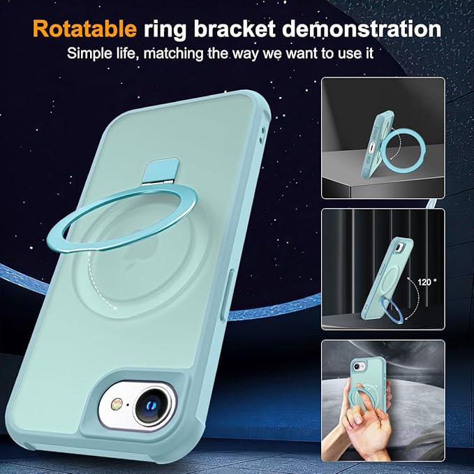 SKYLMW Compatible with iPhone 16e Case & iPhone 17e Case 6.1" with Invisible Magnetic O-Ring Stand Military-Grade Translucent Phone Cases [Compatible with Mag-Safe][Great Grip Feeling], Blue