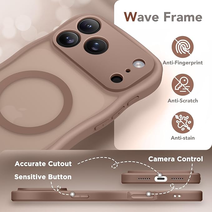 CAPRARO Magnetic for iPhone 17 Pro Case for Women Girls, Upgraded [Full Camera Protection] [Compatible with MagSafe] Cute Wave Translucent Matte Phone Case for iPhone 17 Pro, Brown