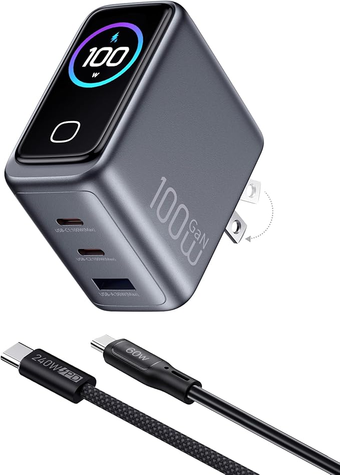 100W USB C Charger Block,3-Port PD PPS GaN Compact Foldable Plug,Smart Display Touch Control,Fast Charger with 5ft Cable for MacBook Pro/Air, iPad Pro, iPhone 17/16/15 Series,Pixel 9/8 Series,Laptop