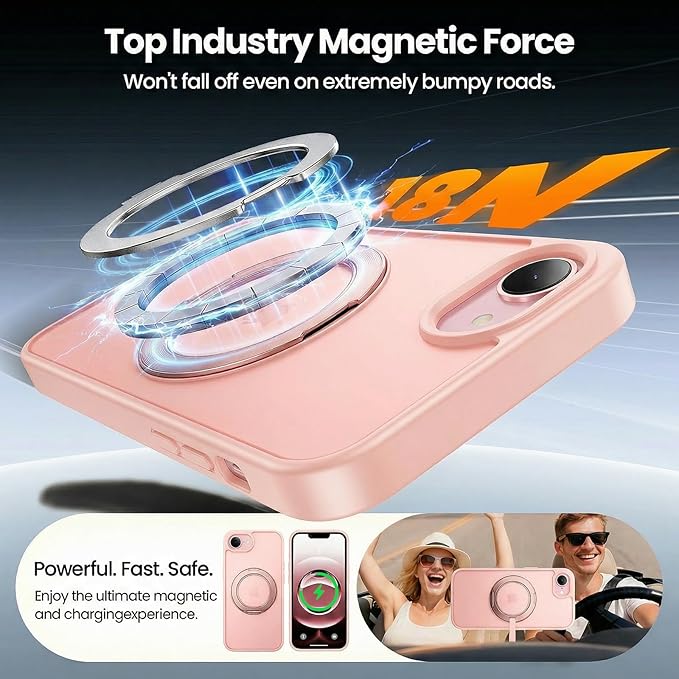 360°Ring Stand for iPhone 16E/17E Case with 2X Screen Protector,Fit for MagSafe, Anti-Yellowing & Scratch-Resistant Back Phone Case for iPhone 16E/17E 6.1", Pink