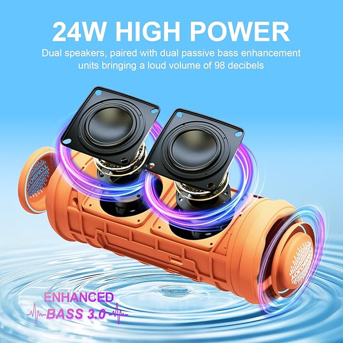 Shower Bluetooth Speaker, IPX7 Waterproof, 24W Deep Bass, TWS Stereo Pairing, 12H Playtime, Outdoor Speaker for Travel, Sport, Party, Camping (Orange)