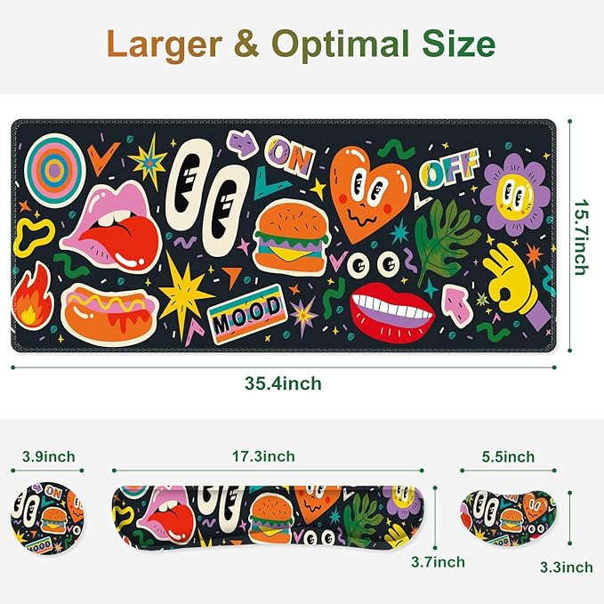 Large Gaming Mouse Pad Set, 4 in 1 Extended Keyboard Desk Mat with Wrist Rest, Computer Game Mousepad, Non-Slip Desk Pad Protector Easy Typing Pain Relief for Home Office I Cartoon Heat Lips