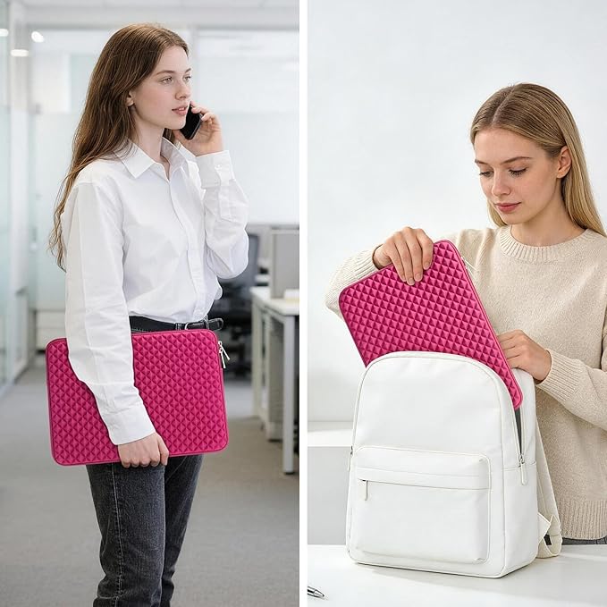 RAINYEAR 16 Inch Laptop Sleeve Diamond Foam Shock Resistant Padded Case Fluffy Lining Zipper Cover Carrying Bag Specially Compatible with 16" MacBook M1 M2 M3 M4 M5 A3428 A3429 (Deep Pink)