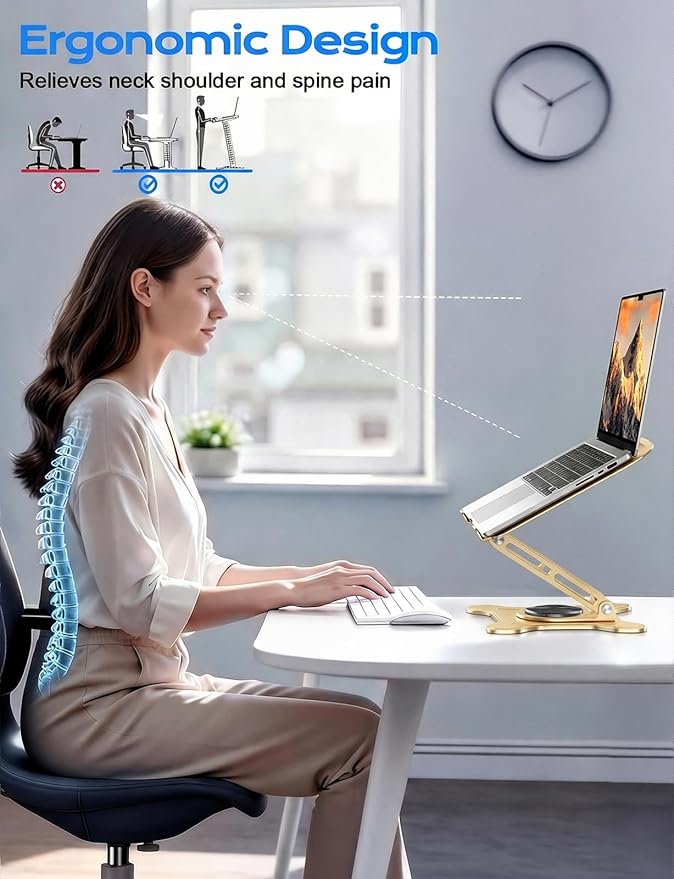 JCZT Adjustable Laptop Stand, 360° Rotating Base Ergonomic Computer Stand, Foldable Laptop Stand for Desk for Office Home Fits Compatible with MacBook Pro Air (10-16") - Gold