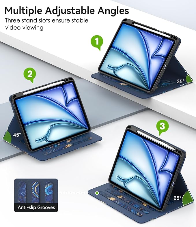 ZoneFoker Case for iPad Air 11-inch M3/M2 (2025/2024), iPad Air 5th/4th Generation 10.9'' (2022/2020), iPad Pro 11 (4th/3rd/2nd/1st Gen), Multi-Angle Stand Cover with Pencil Holder, Marble Ocean Blue
