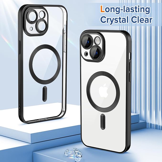 Hython Magnetic Clear for iPhone 15 Case with Camera Lens Protector [Compatible with MagSafe] Luxury Plating Edge Slim Soft TPU Cover Protective Phone Case for iPhone 15 6.1", Matte Black