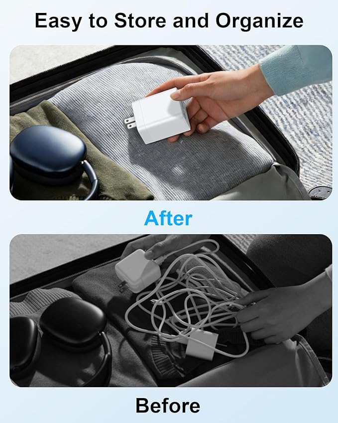 35w Retractable iPhone Wall Charger USB C, 3-in-1 Fast Charging Block with Built-in Retractable Cable, USB-C & USB-A Multi Ports, Foldable Plug Travel Ac Power Adapter for Apple 17e 17 Pro 16e 16 15