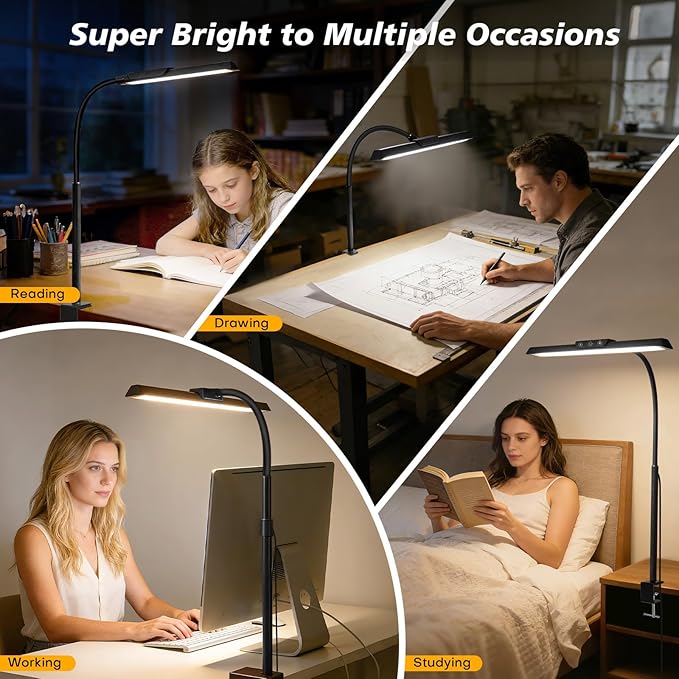 LED Desk Lamp for Office Home, Stepless Dimming Architect Desk Light with DC Adapter, Eye-Caring Desk Lamp with Clamp, 25 Lighting Modes Adjustable 14.8in Flexible Gooseneck for Workbench, Drafting