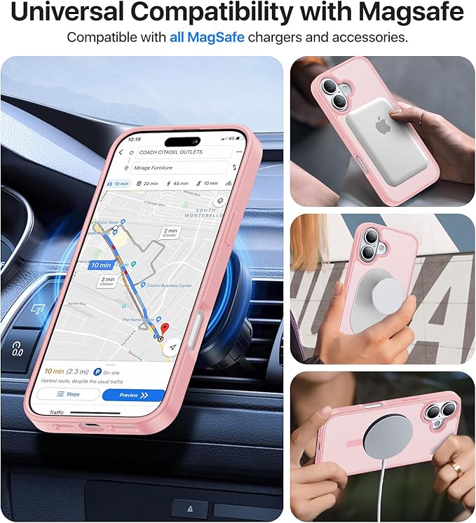 Magnetic for iPhone 16 Case, [Compatible with MagSafe][Military-Grade Drop Protection][Anti-Yellowing] Shockproof Protective Translucent Matte Cover for iPhone 16 Phone Case,Pink