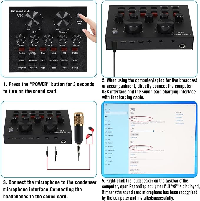MorTime Condenser Microphone Bundle, Live Sound Card, Adjustable Boom Arm, Shock Mount, Metal Mic Pop Filter, Sponge Pop Filter Cover, Earphone, Audio Cables and Power Cable, Set of 11 Mic Kit
