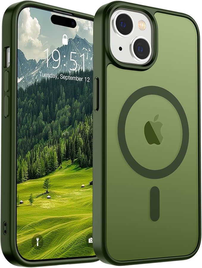 SUPFINE Magnetic for iPhone 15 Case (Compatible with MagSafe) (Military Grade Drop Protection) Slim Translucent Matte Shockproof with Anti-Fingerprint Phone Case, Cangling Green
