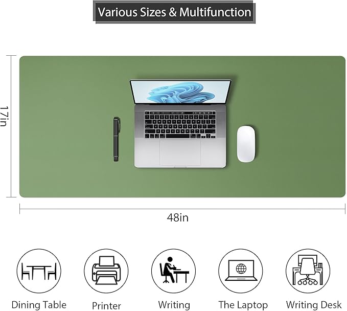 Roslim Leather Desk Pad Protector,Mouse Pad,Non-Slip Computer Mat for Desk,PU Leather Office Desk Mat for Home & Office,Waterproof Laptop Desk Blotter for Keyboard and Mouse,Olive Green ((17''X48'')