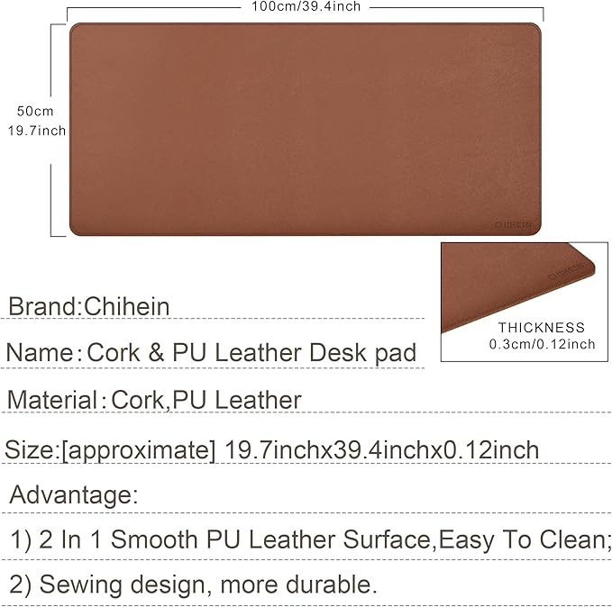 Chihein 39" x 20" 3XL Desk Mat with Cork & PU Leather, Dual Sided Desk Pad, Waterproof Computer Desk Mat for Gaming, Office, Home (Cork/Light Brown)