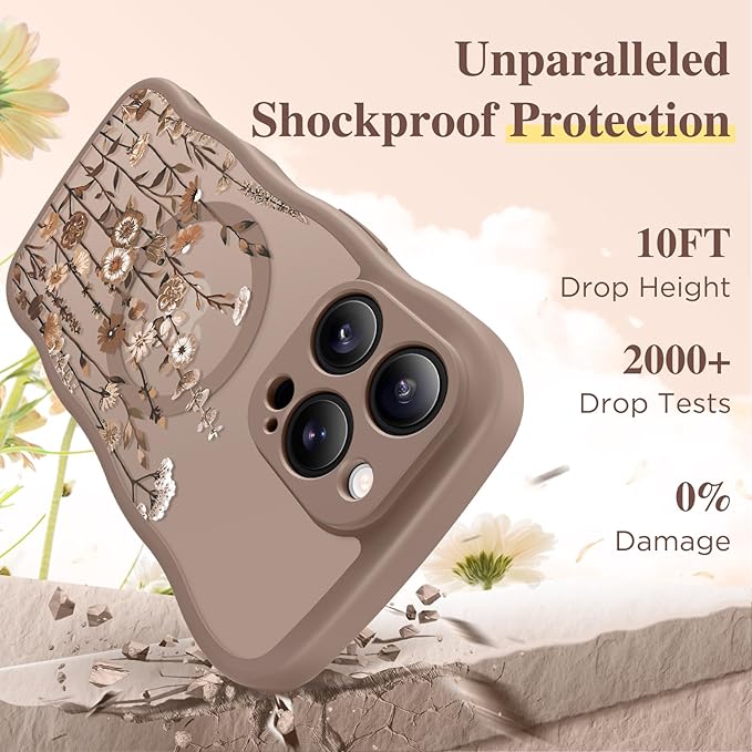 GVIEWIN for iPhone 16 Pro Max Case Compatible with MagSafe [Curly Wave Edge][Full Camera Protection] Floral Translucent Shockproof Magnetic Women Phone Case for 16 Pro Max, Floratopia/Brown