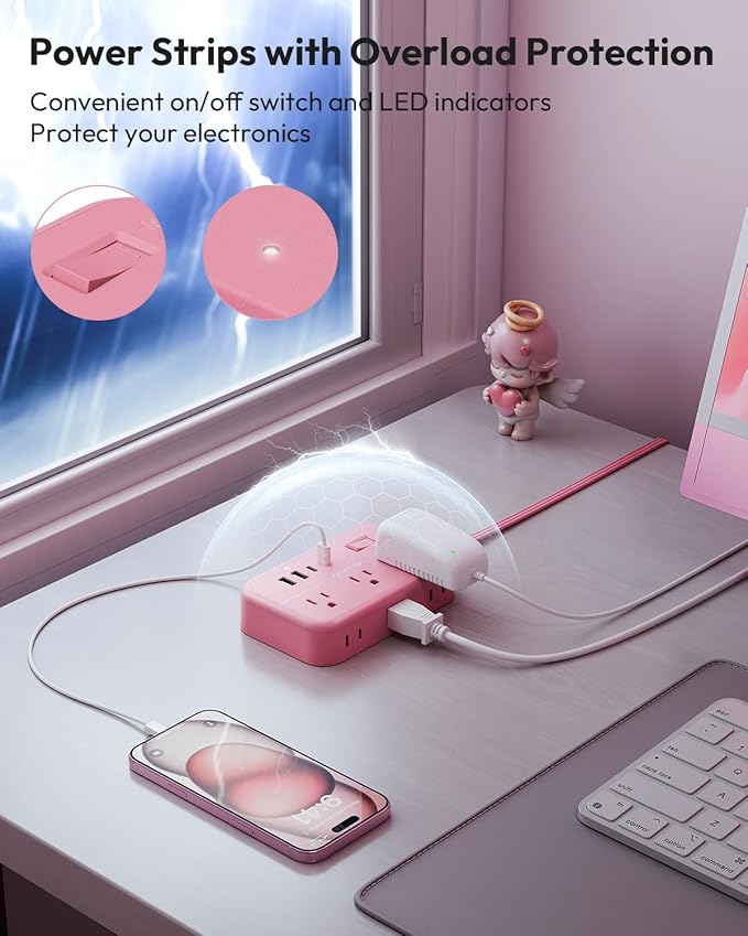 Pink Extension Cord Surge Protector Power Strip with 6 Outlets 4 USB Ports(20W), Flat Extension Cord with Multiple Outlets, 5 ft Flat Plug Outlet Extender for Indoor, Home, Office
