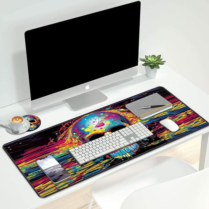 Desk Pad Mat Gaming Mouse Pads with Coasters Set, Stitched Edges Design Mouse Pad XXL Large Mouse Pad for Laptop Computers Color Skull Desk Writing Mat for Office & Home 31.5x 11.8