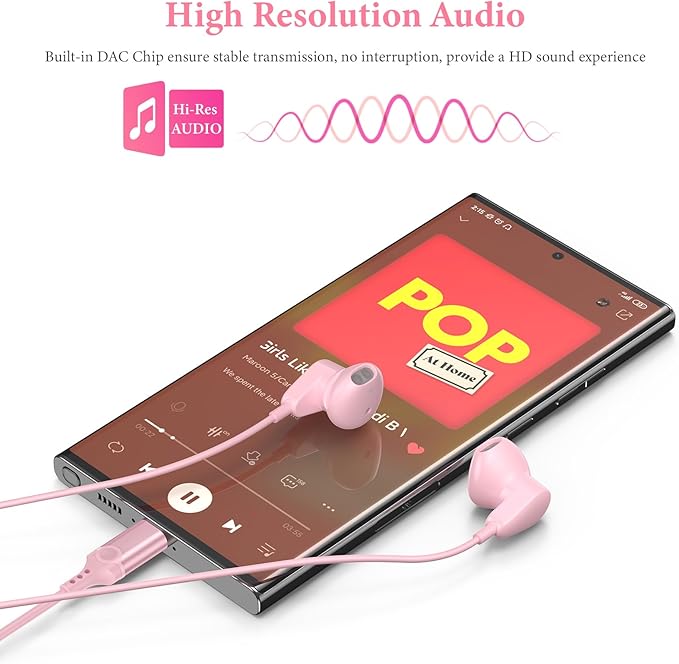 APETOO USB C Headphones for iPhone 15 Plus 16 17 Pro Max iPad Pro USB-C Wired Earbuds with Microphone Volume Control HiFi Stereo Type C Earphones for Galaxy S26 S25/S24/S23/S22, Pixel 10 9 8 7 6, Pink