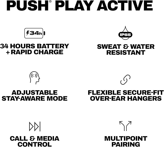 Skullcandy Push Play Active Wireless Earbuds, Bluetooth Headphones, Noise Isolating Fit, 34 Hrs Battery, Secure-Fit Over-Ear Hanger, Sweat Water Resistant, Microphone for iPhone Android - Black/Orange