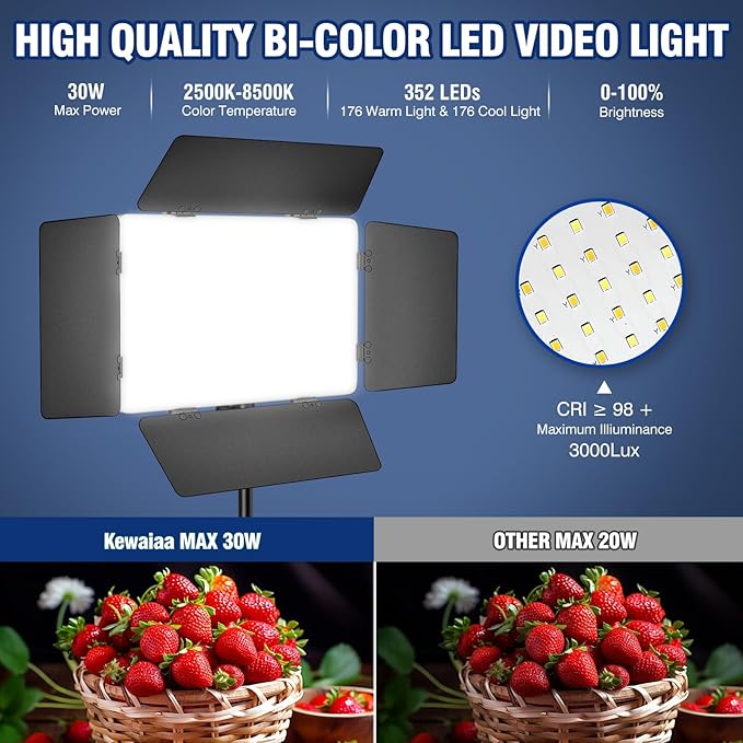 LED Video Lighting Kit with Barn Door, Kewaiaa Bi-Color Studio Lights with Tripod Stand, 3000Lux 2500k-8500k Photography Light for Video Recording/Filming/Live Streaming/YouTube/Photoshoot Shooting
