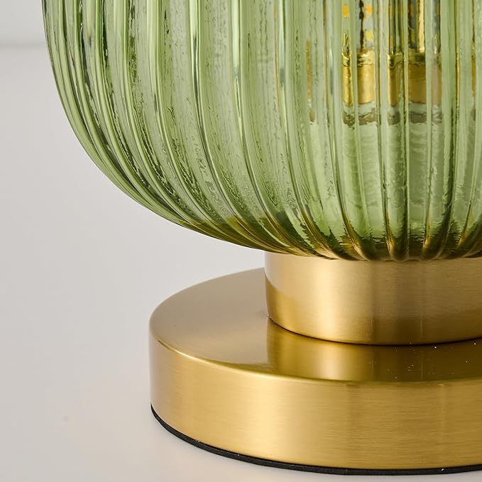 Mid Century Green Table Lamp: Vintage Ribbed Globe Pumpkin Glass Dimmable Plug in Small Bedside Lamps - Cute Brass Gold Modern Side Table Lamp Nightstand Light for Bedroom Entryway Desk Living Room