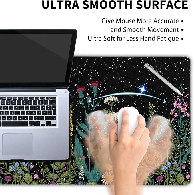 Black Aesthetic Wildflower Large Mouse Pad XL Space Galaxy Weeds Herb Cute Floral Extended Desk Mat Big 80X30 CM Non-Slip Rubber Base Stitched Edge Long Mousepad,31.5×11.8 Inch