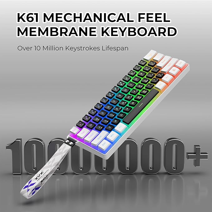 60% Gaming Keyboard,Wired Backlit Mini Membrane Keyboard, Strong Mechanical Feel for PC/Mac Gamer, Typist, Travel, Easy to Carry on Business Trip(61 Keys)-White