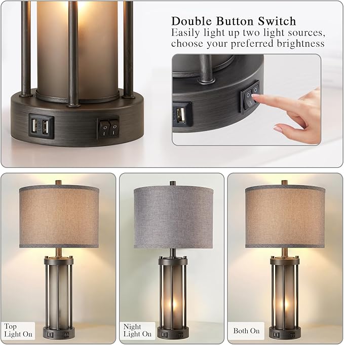 RORIA Set of 2 Rustic Table Lamps for Living Room with 2 USB Ports, Vintage Bedside Lamps with Gray Frosted Glass Night Light for Bedroom Desk Lamps for Entryway, 4 Bulbs Included
