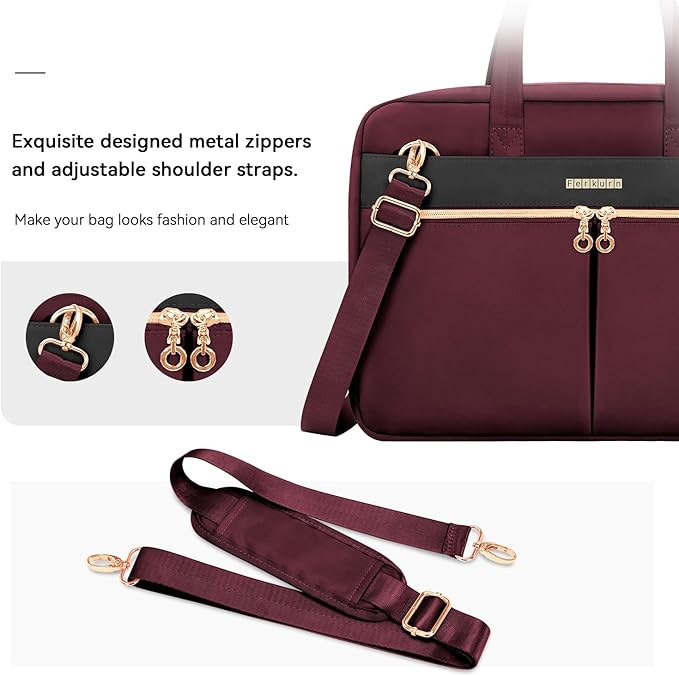 Ferkurn Laptop Bag Case Women Men Computer Bag Compatible with MacBook/HP/LG/Dell, Shoulder Strap Slim Carrying Messenger Briefcase, Wine Red, 14 Inch