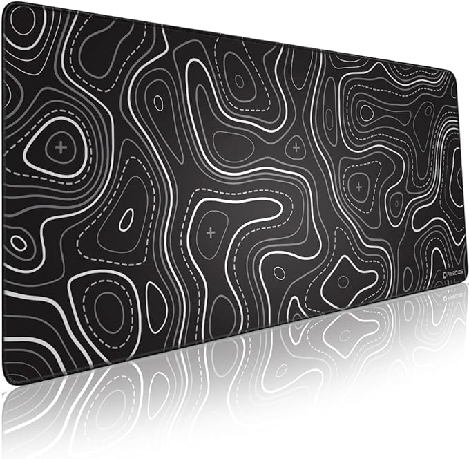 Pixiecube Minimalist Topographic Map Mouse Pad - Contour Extended Large Stitch Edge Mousepad. Black & White Non-Slip XXL Gaming Desk Mat
