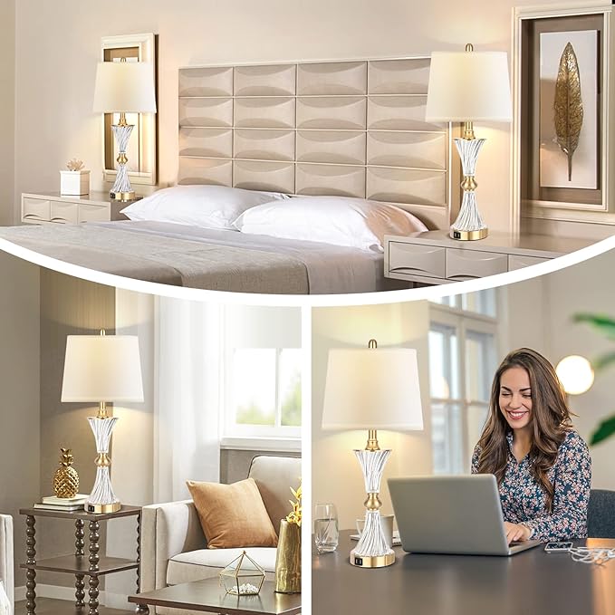 Hamucd Touch Table Lamps for Bedroom Set of 2 Modern Living Room 3 Way Dimmable Gold Glass Bedside Nightstand Lamp for End Table with 2 USB Charging Port,2 Bulbs Included