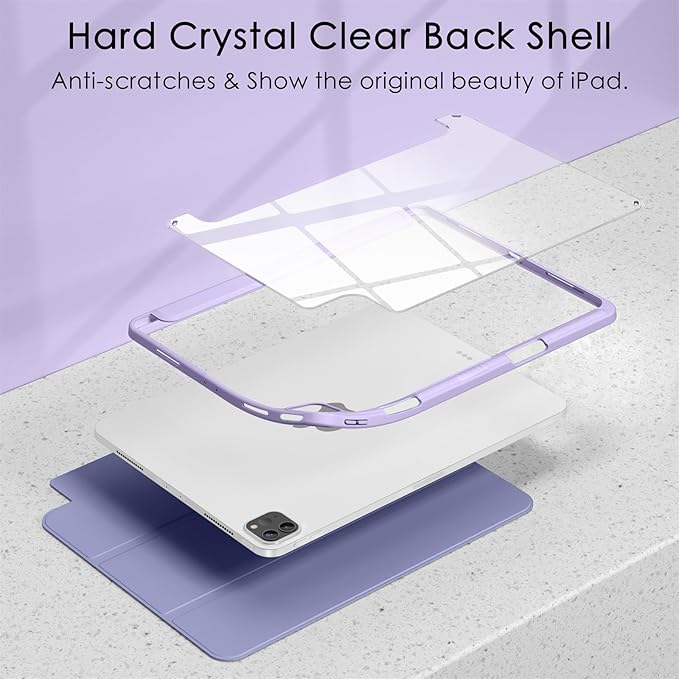 Soke Case for iPad Pro 12.9 Inch (6th/5th/4th/3rd Generation, 2022/2021/2020/2018) - Pencil Holder + Auto Sleep/Wake + Camera Protection, Transparent Shockproof Back Cover,Gray Purple