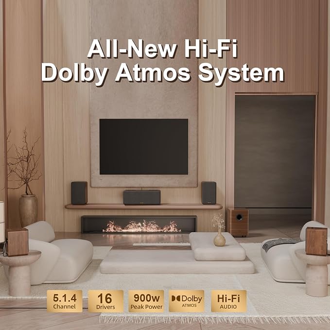 Wooden 5.1.2 Virtual Surround Sound System, 4 Surround Speakers Wired, 400W Peak Power, Sound Bars for Smart TV w/Subwoofer, 5.25'' Deep Bass, Home Theater TV System, ARC/OPT/BT/AUX (M514)