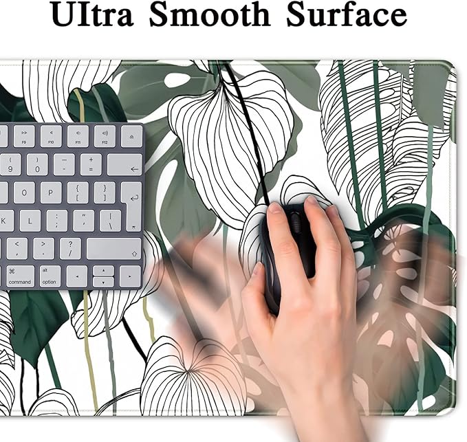Desk Mat Green Plant Leaf Large Mouse Pad Desk Pad Tropical Boho Desk Accessories for Women Office Decor Laptop Keyboard Mouse Mat XXL Mousepad 31.5''X15.7'' Non-Slip Rubber Base with Stitched Edges