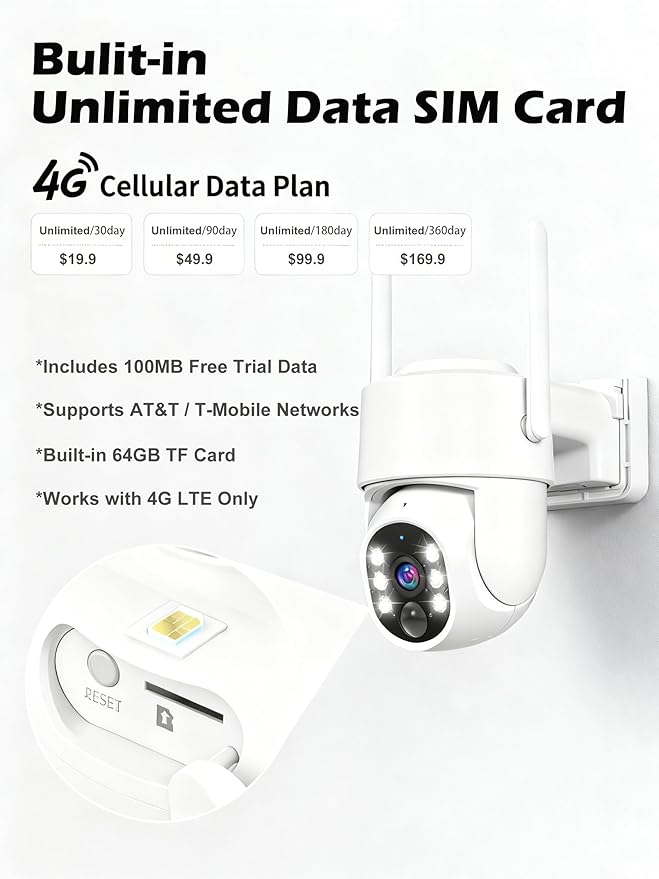 Gianteye 4G LTE Cellular Solar Security Cameras Wireless Outdoor, No WiFi Solar & Battery Powered Outdoor Security Camera, 2K Color Night Vision, Human Detection, Built in TF/SIM Card
